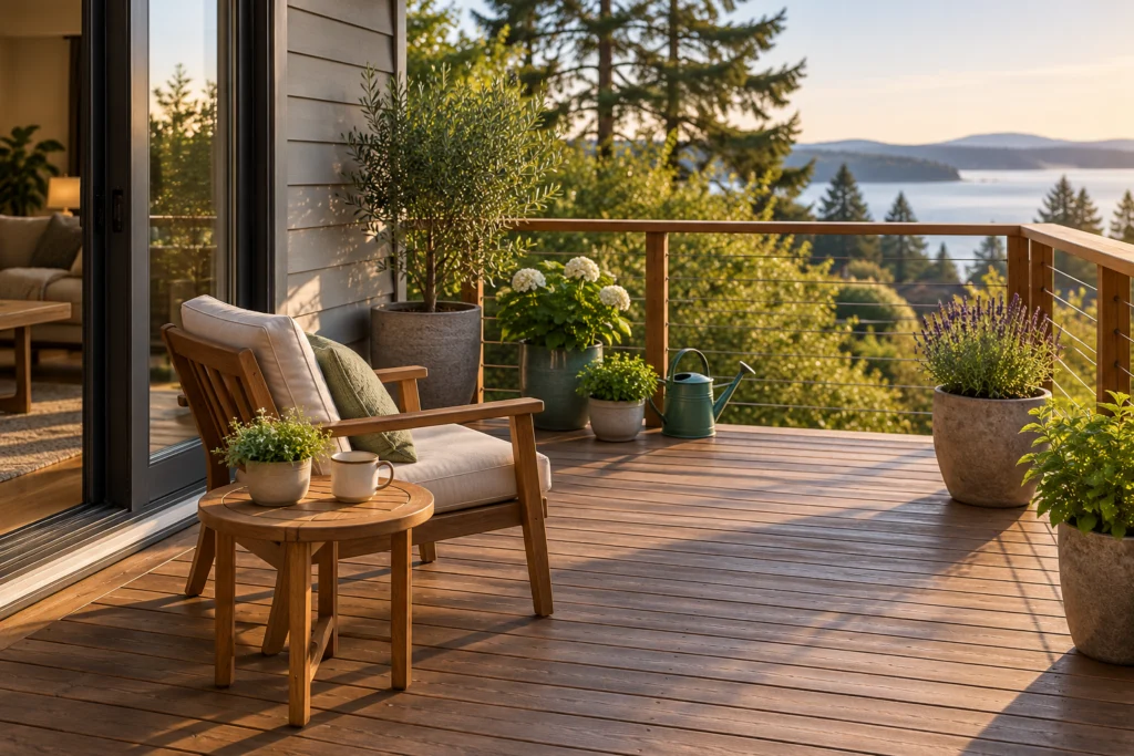 A small deck with modest planters positioned away from doors and guard edges, clear cleaning access and a simple watering can