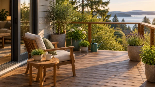 A small deck with modest planters positioned away from doors and guard edges, clear cleaning access and a simple watering can