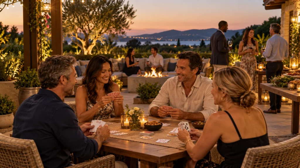 A stylish adult patio gathering with warm lights and a simple non-wagering card-game table, clear walkways and no casino branding