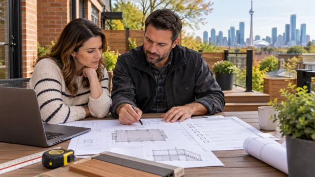 A homeowner reviewing a Toronto deck site plan and approval checklist with a qualified professional, no personal details on drawings