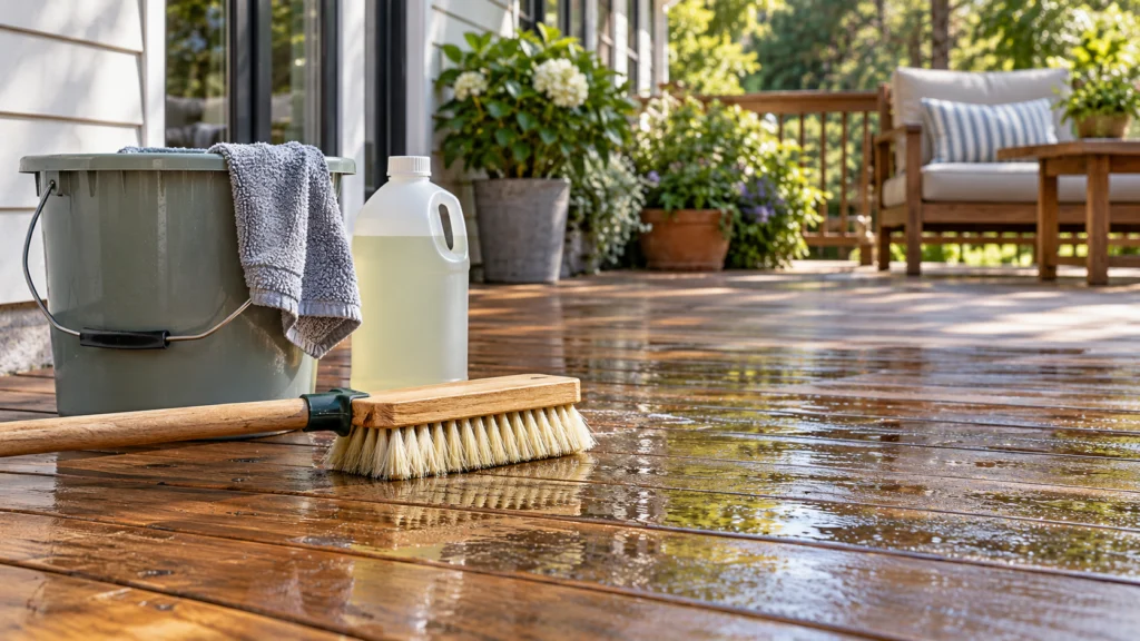 A careful deck-cleaning setup with a suitable soft brush, labelled cleaner and a clear surface, no pressure-washing spray