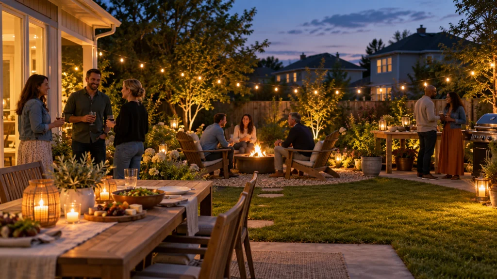 A modest backyard gathering with warm directed lighting, small conversation groups and clear access, neighbouring homes softly visible