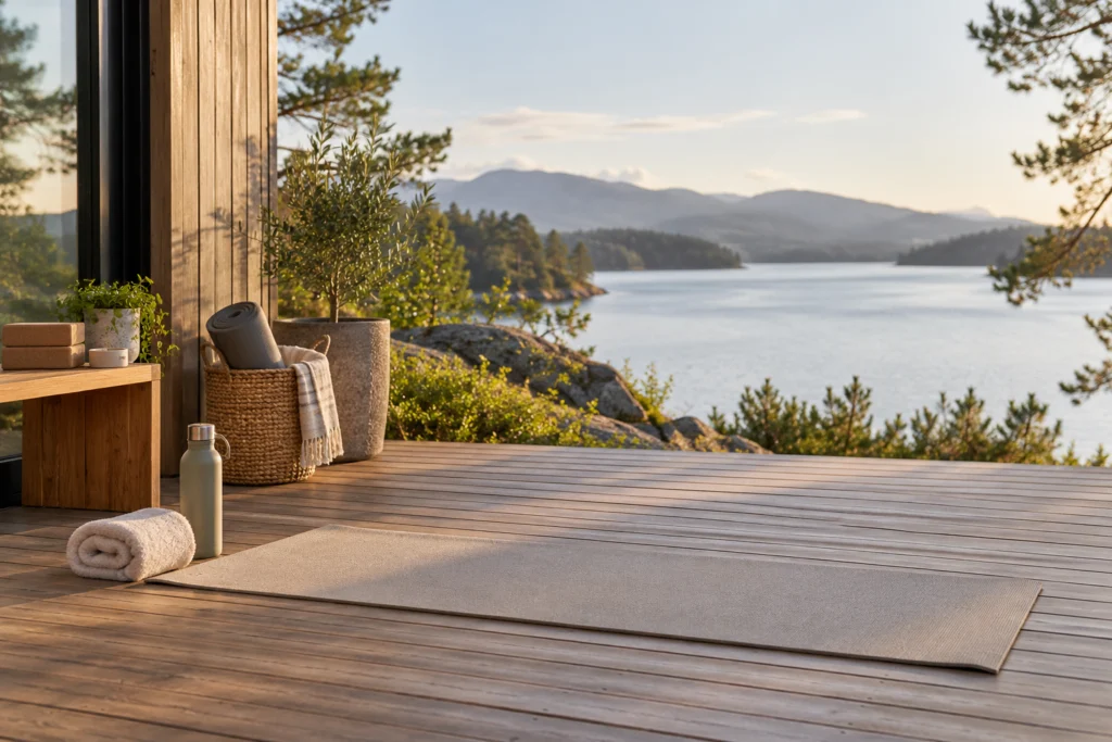 A modest outdoor stretching area on a clean deck with a neutral mat, clear surrounding space and light accessories stored neatly