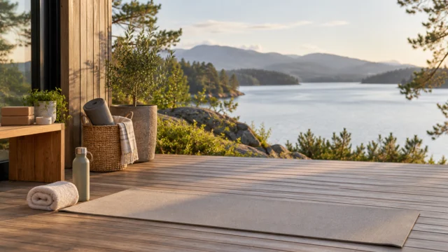 A modest outdoor stretching area on a clean deck with a neutral mat, clear surrounding space and light accessories stored neatly