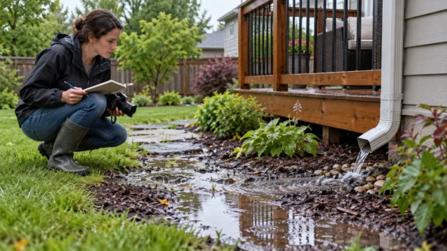 A homeowner documenting rainwater patterns near a backyard deck with a notebook and camera, no excavation or repair work