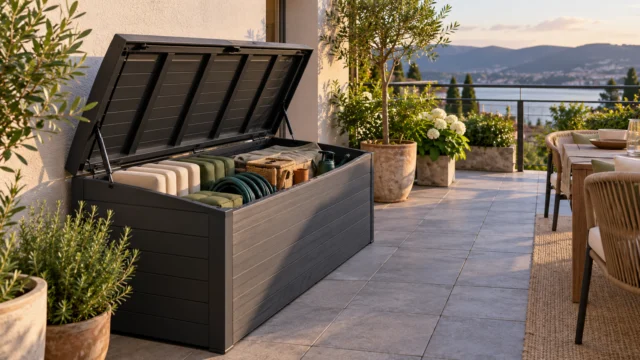 A modest outdoor equipment box on a small terrace with lid open, organised dry accessories and a clearly unobstructed walkway