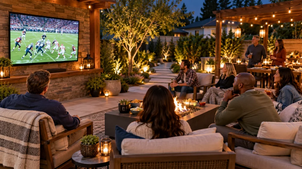 An adult backyard sports viewing gathering with comfortable spaced seating, warm outdoor lighting and a clear route, no gambling logos