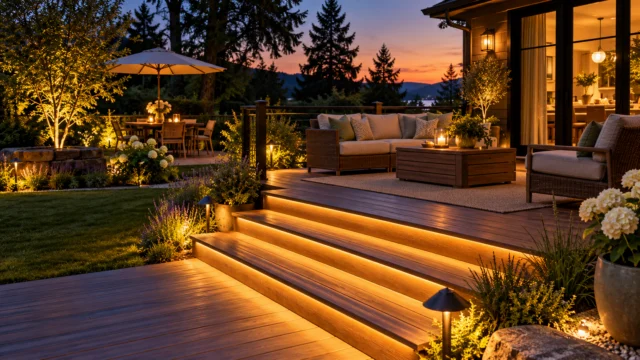 A backyard deck at dusk with clearly illuminated steps, warm seating-area light and no exposed cables across the walking route