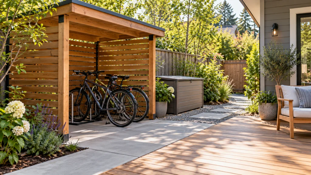 A tidy backyard equipment storage area with an accessible bicycle shelter, a modest storage box and clear deck circulation