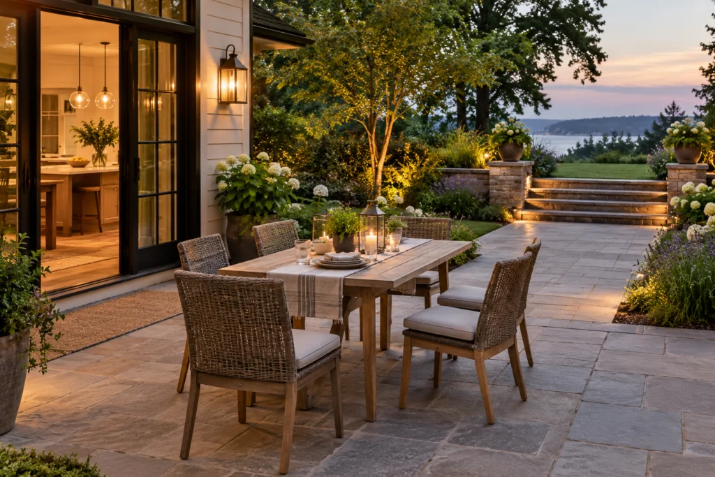 A compact patio dining arrangement with chairs pulled out and an obvious clear route from the house to the steps