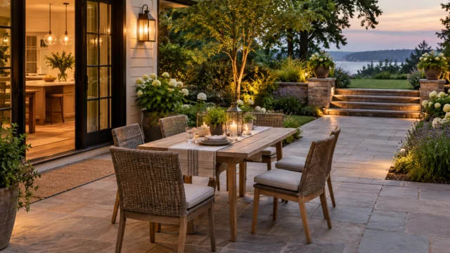 A compact patio dining arrangement with chairs pulled out and an obvious clear route from the house to the steps