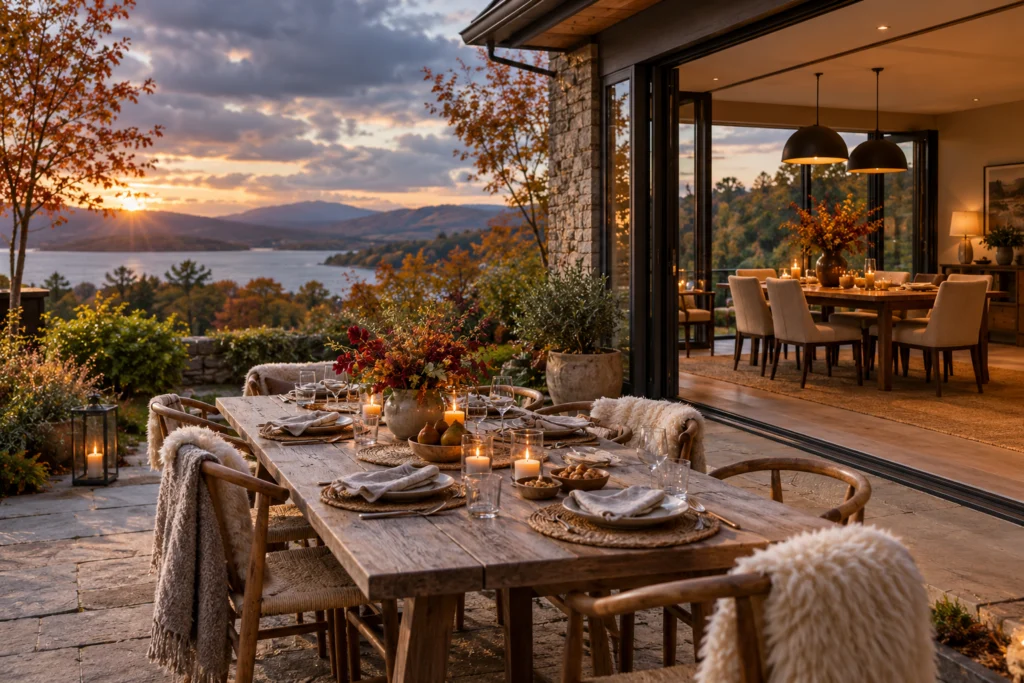 An outdoor dining table with a simple setting and clear access to an inviting indoor dining alternative, changeable autumn sky