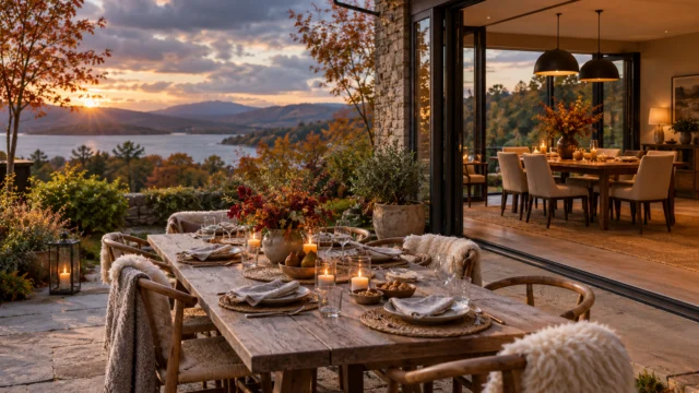 An outdoor dining table with a simple setting and clear access to an inviting indoor dining alternative, changeable autumn sky