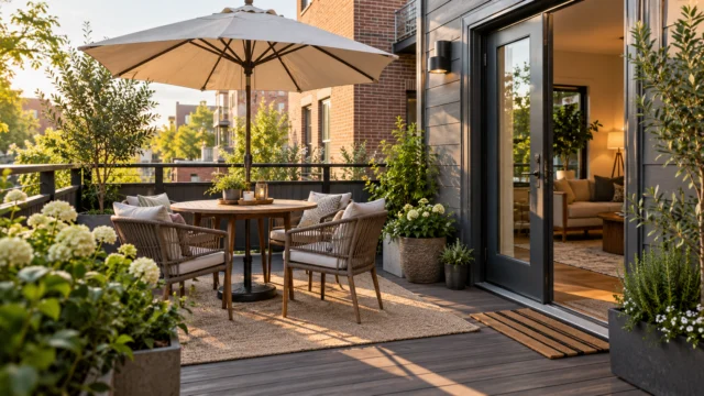 A small urban deck with a modest freestanding shade umbrella, clear chair space and a visible route to the door