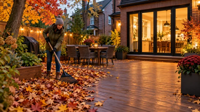 A Toronto backyard deck in autumn with leaves being cleared, warm evening lighting and an unobstructed path to the house