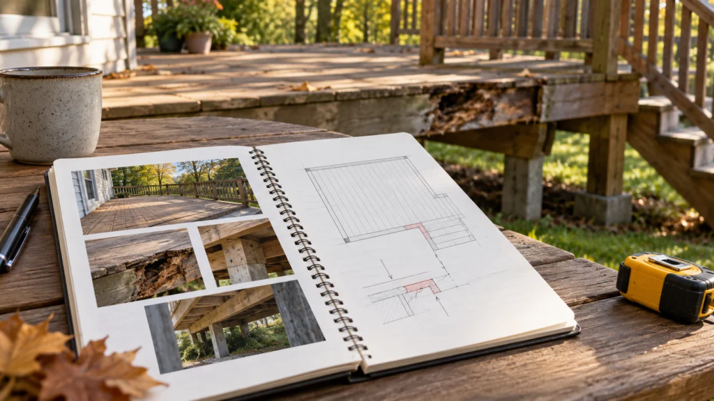 A homeowner’s deck condition notebook with labelled photos and a simple sketch, damaged area shown only from a safe distance