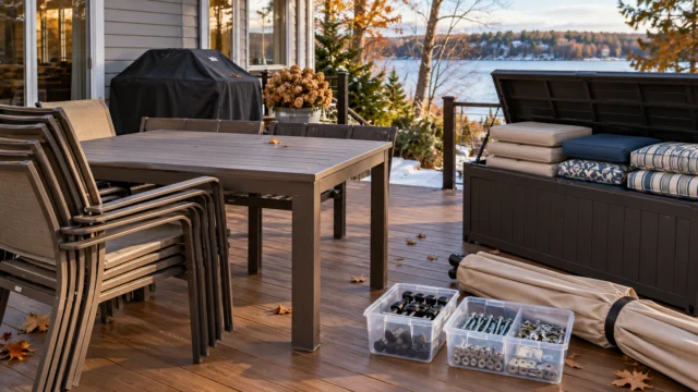 Clean dry patio furniture prepared for winter with labelled hardware, neatly stored cushions and clear deck access