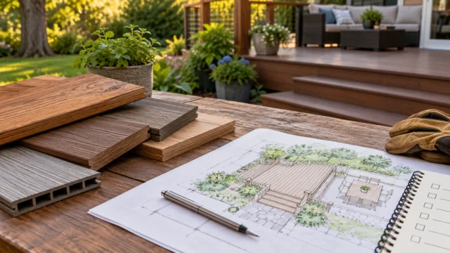 Wood and composite decking samples beside a backyard project plan, visible board edges and a simple maintenance checklist