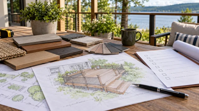A deck project planning table with a site sketch, labelled material samples and a clear written scope checklist